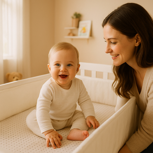 bebe-adorable-regarde-en-face-maman-regarde-bebe-dans-son-lit-avec-tour-de-lit-pare-choc