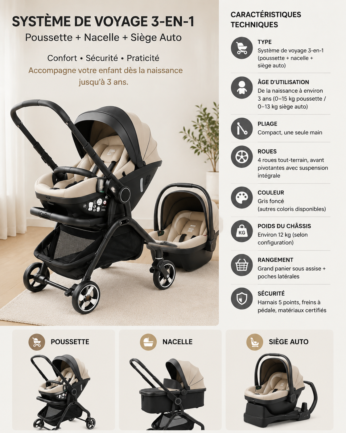 Poussette Combinée 3-en-1 Cocoon