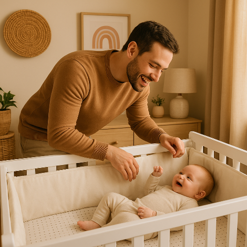 tour-de-lit-pare-choc-papa-bebe-heureux-dans-lit-bebe